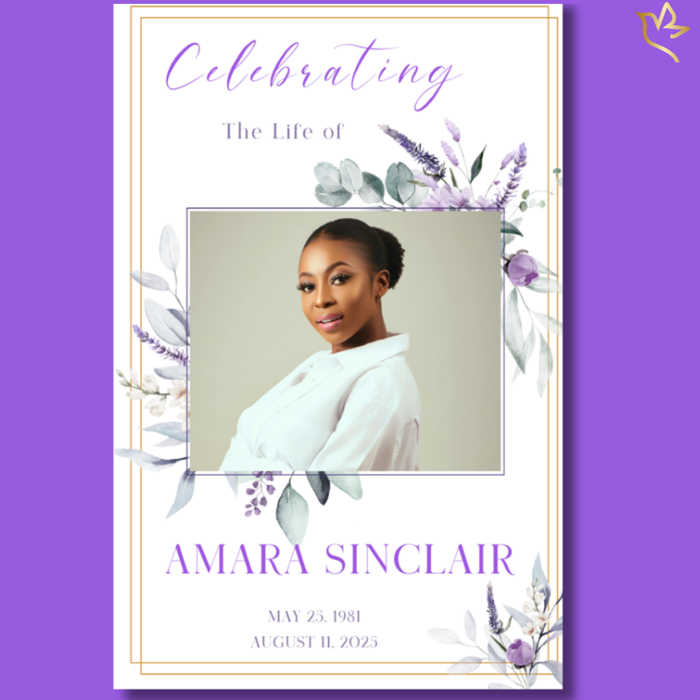Love and Grace funeral program cover featuring soft lavender florals and eucalyptus greenery framing a centered portrait on an ivory background with elegant purple and gold memorial typography.