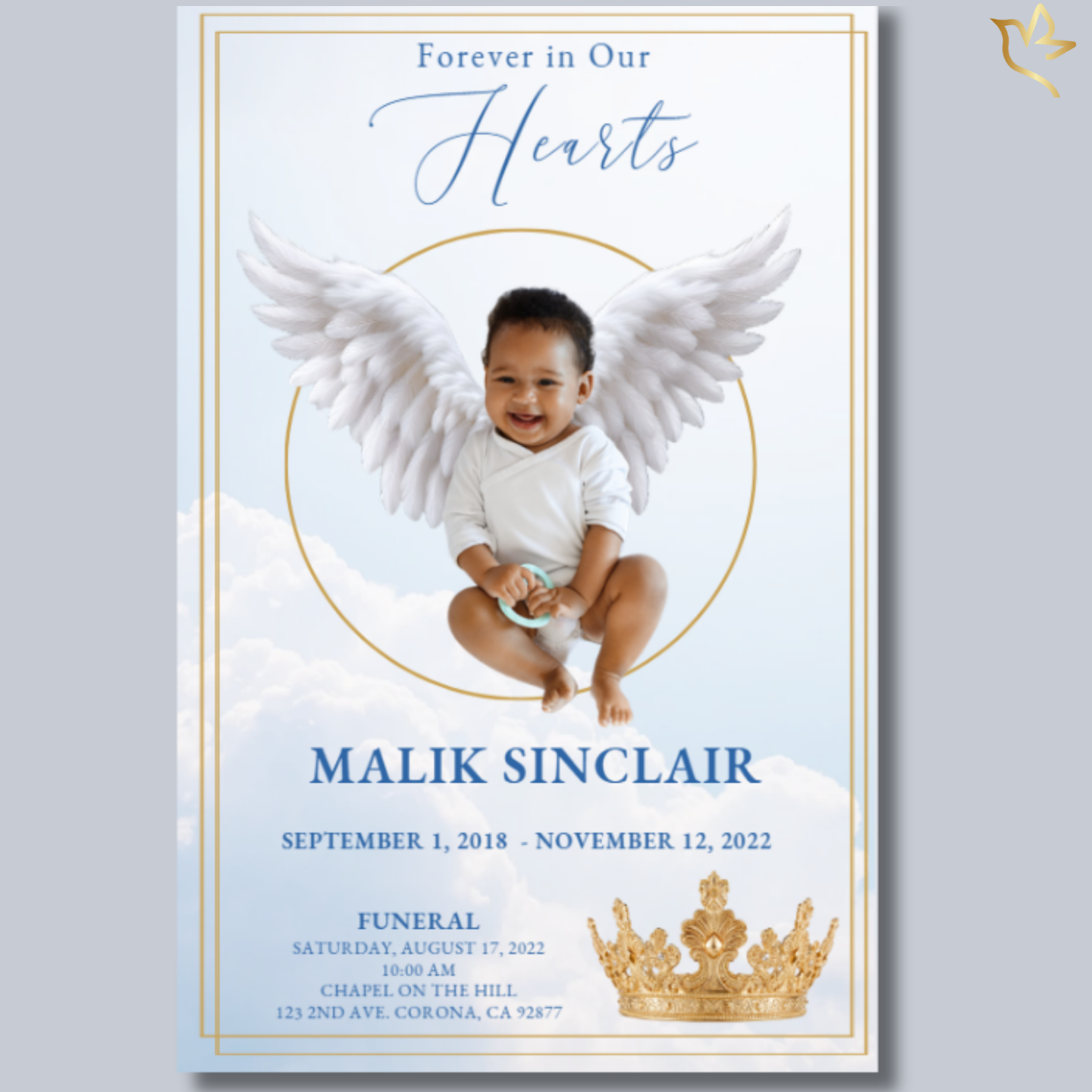 Child funeral program front cover featuring soft blue sky, golden crown, angel wings, and centered portrait of baby boy in a peaceful, heavenly design.