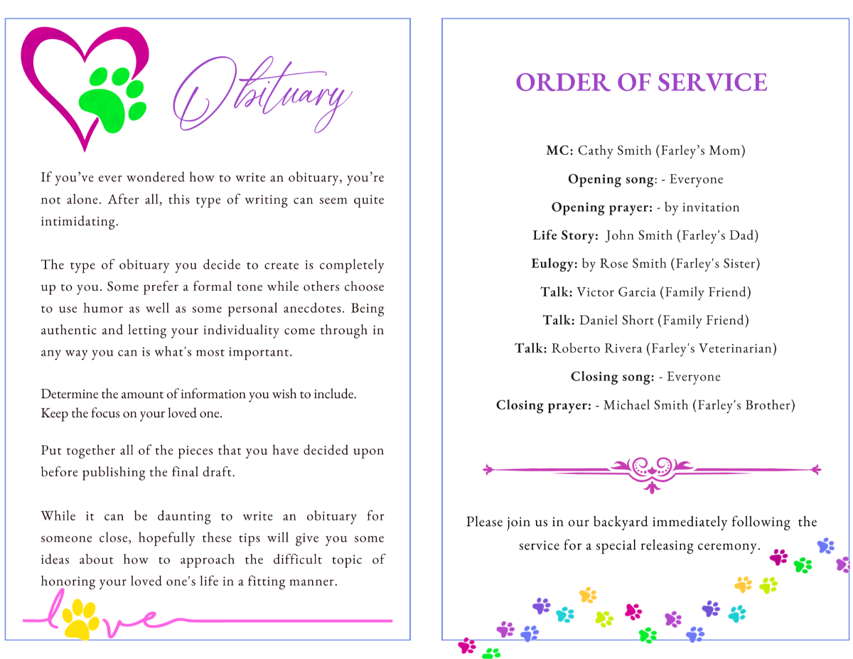 Obituary and order of service layout in soft lavender and rainbow tones with paw-print border.