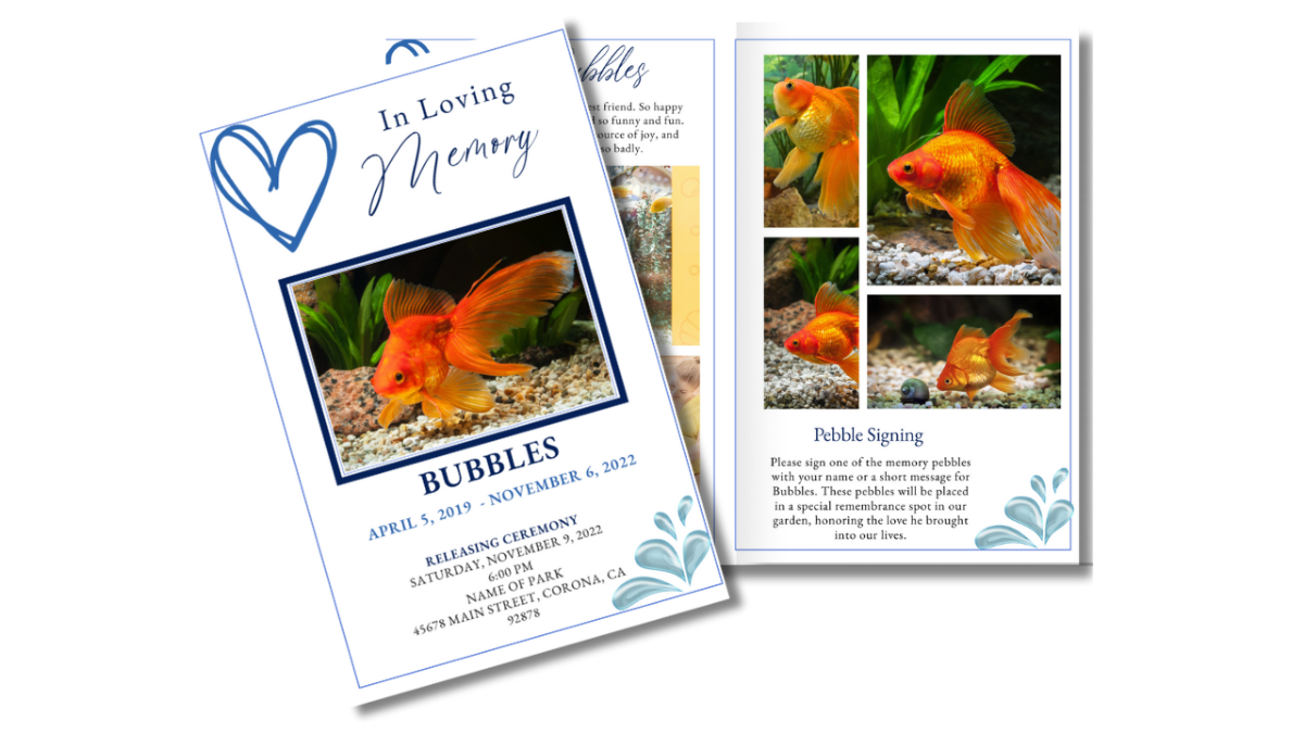 Front cover and two-page spread with wave motif and blue accents, perfect for pet fish funeral.