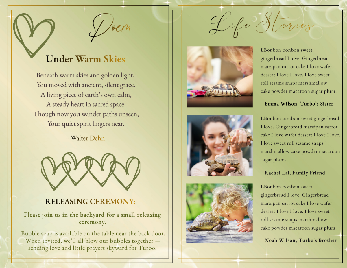 Life stories and tribute pages with multiple reptile photos arranged in clean collage layouts alongside written memories from family and friends.