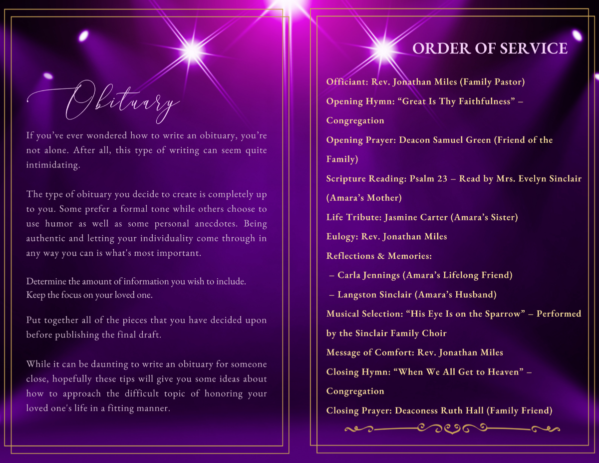 Obituary and order of service pages set against a rich amethyst backdrop with soft lighting, elegant serif text, and refined gold border accents.