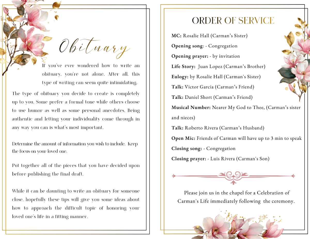Obituary and Order of Service pages featuring structured sections, elegant script headings, and soft magnolia blossom accents framing the memorial text.
