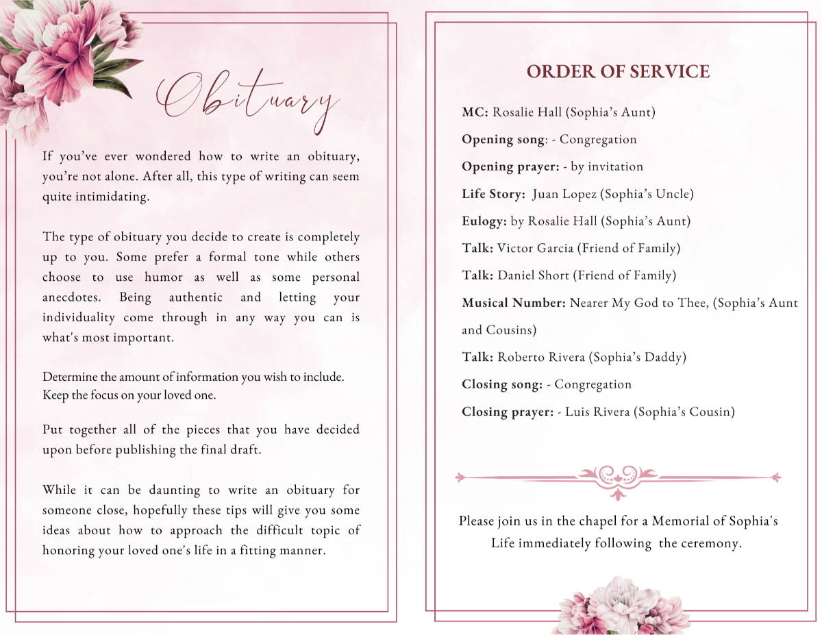 Obituary and order of service pages with soft blush watercolor background, clean serif text, and pink peony accents, designed for a peaceful, elegant layout.