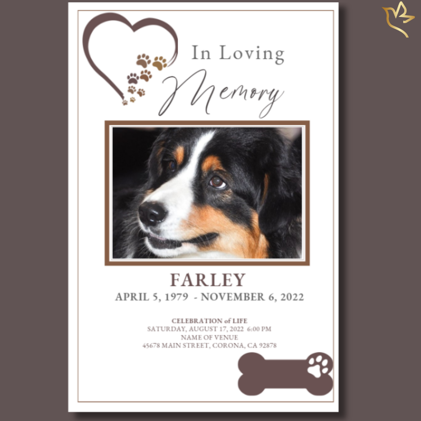 Front cover featuring Missing You – Dog Funeral Program Template with paw-print heart design, warm brown borders, and pet portrait space.