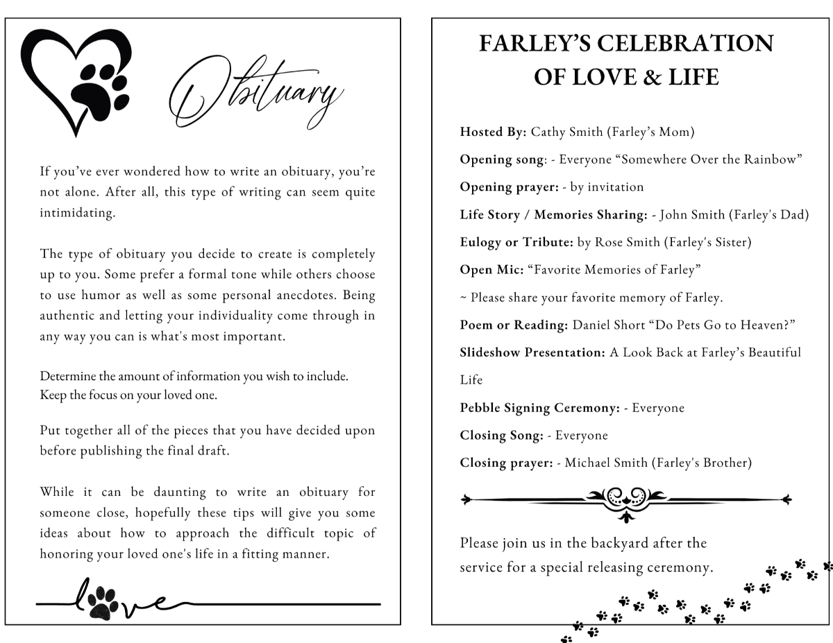Simply Faithful obituary and celebration of life pages featuring a clean black-and-white layout with paw print accents for sharing a beloved dog's story, memorial service details, readings, music, and remembrance activities.