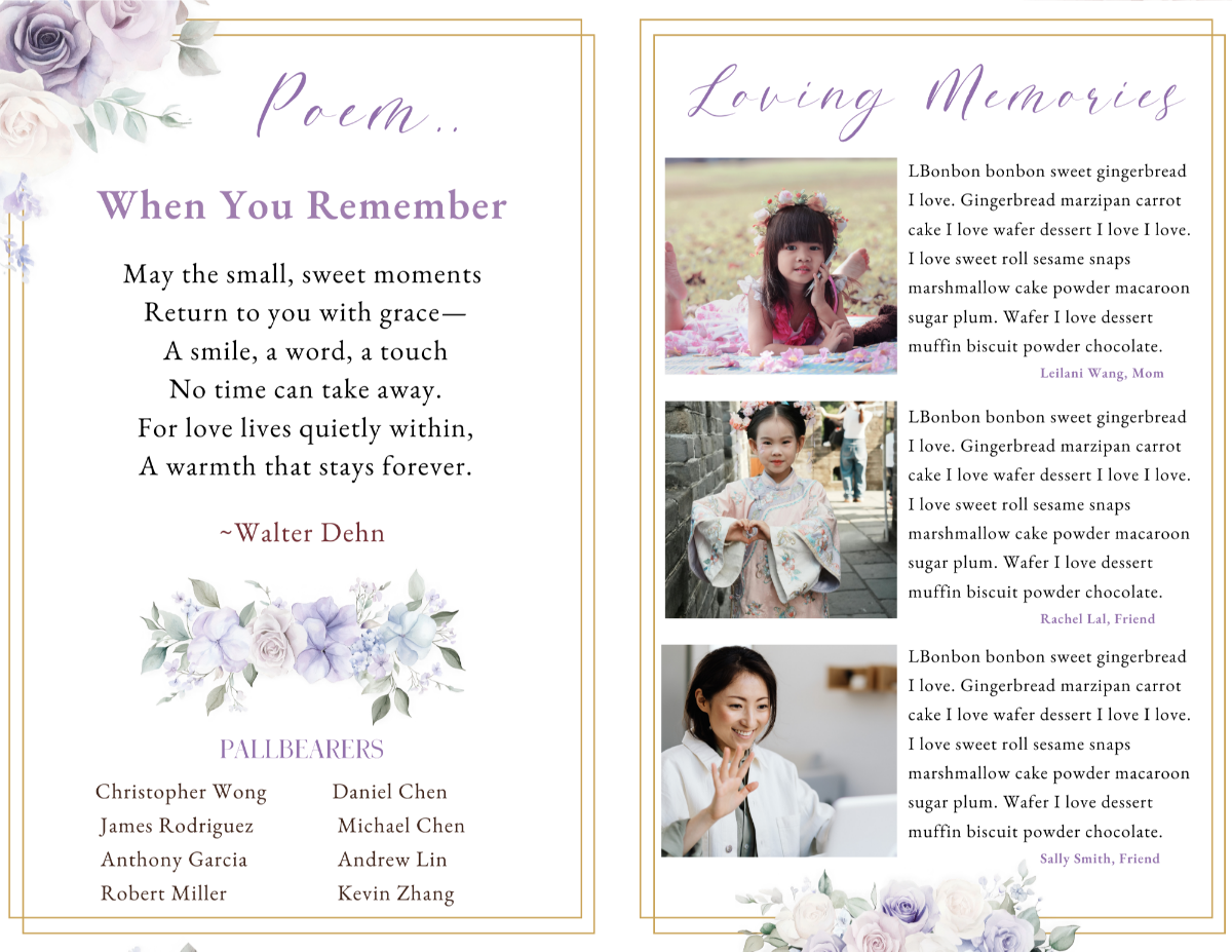 Poem page titled “When You Remember” with lavender rose floral accents above the poem and pallbearer section below.