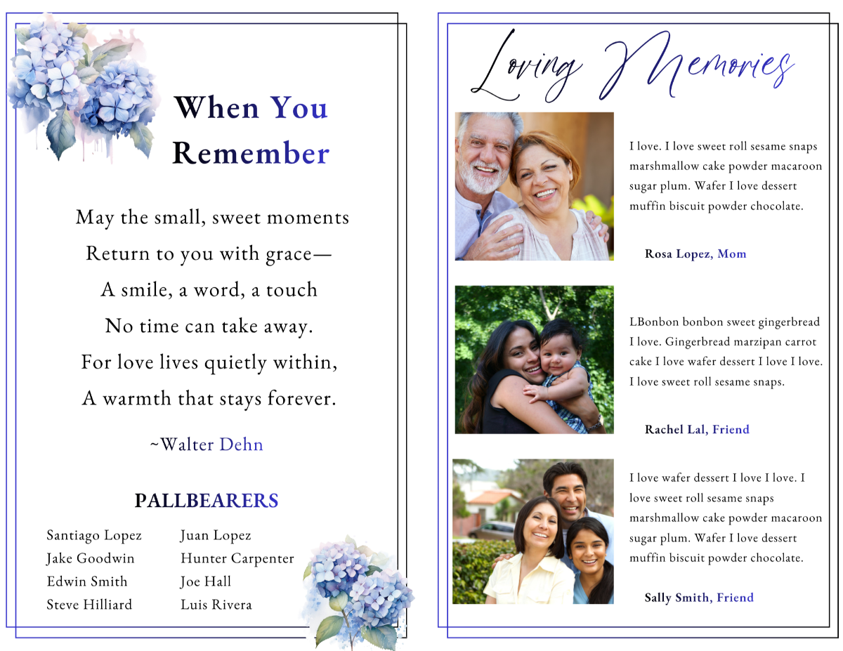 Memorial pages featuring comforting poetry, pallbearer acknowledgements, treasured photographs, and heartfelt family tributes shared in loving remembrance.