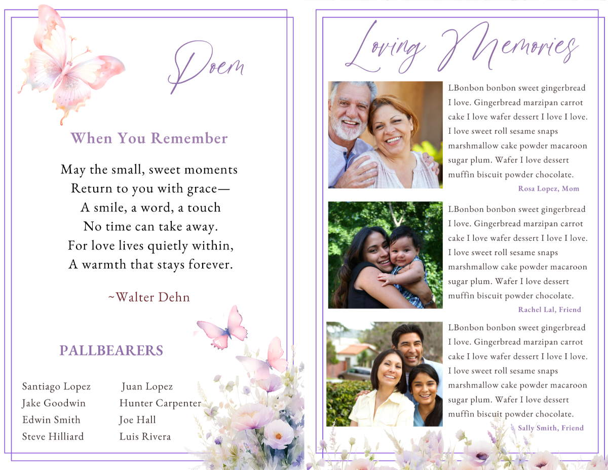 Poem and loving-tributes layout featuring a memorial poem on the left, floral embellishments, and three portrait photographs paired with written tributes on the right.