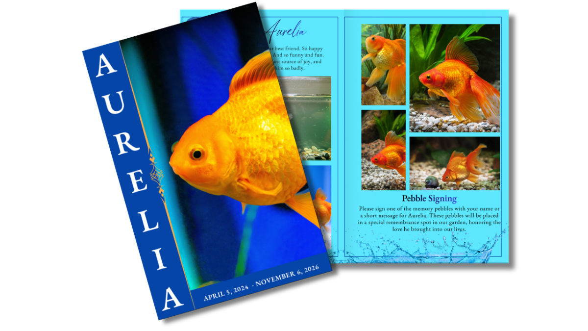 Front cover featuring a bright goldfish against a deep blue background alongside an open layout with aquatic-themed photo collage and memory sections.