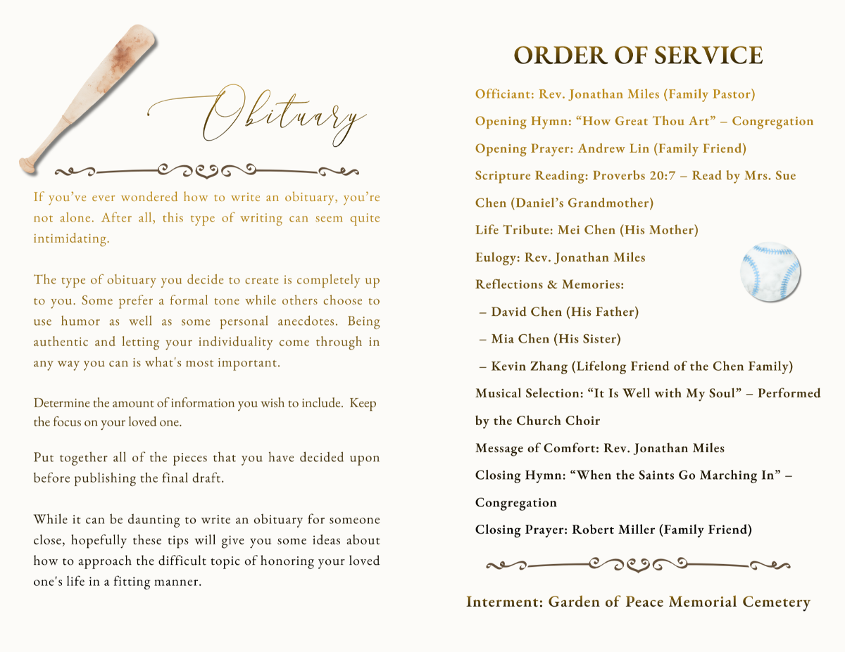 Interior obituary and order of service pages designed with graceful typography, delicate memorial flourishes, baseball accents, and a clean child-centered layout.
