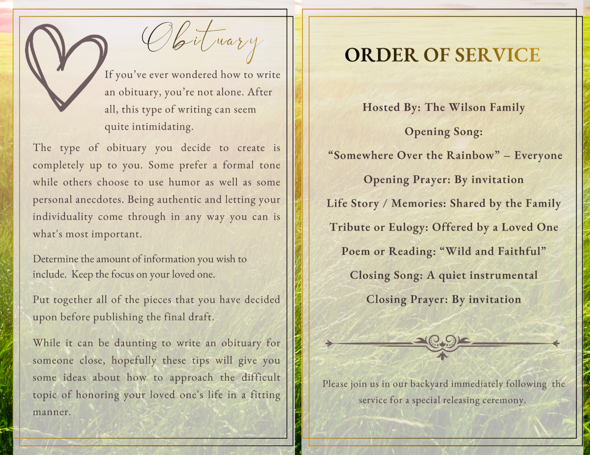 Obituary and Order of Service pages featuring soft natural textures, elegant headings, and structured sections designed for celebrating the life and memories of a cherished animal companion.