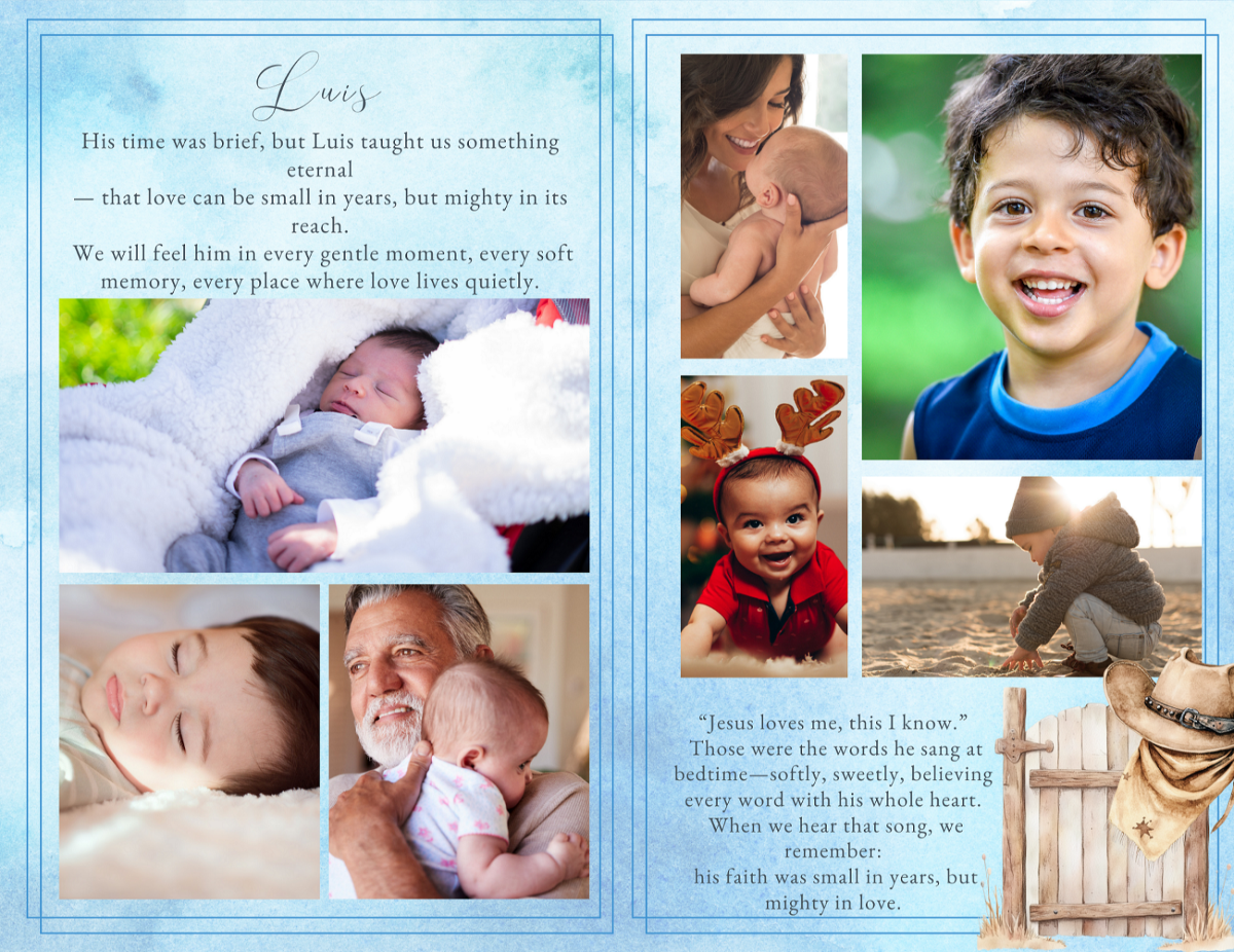 Photo collage tribute spread featuring baby portraits, family moments, and keepsake details like tiny shoes arranged in soft blue layouts with Western gate illustration accents.