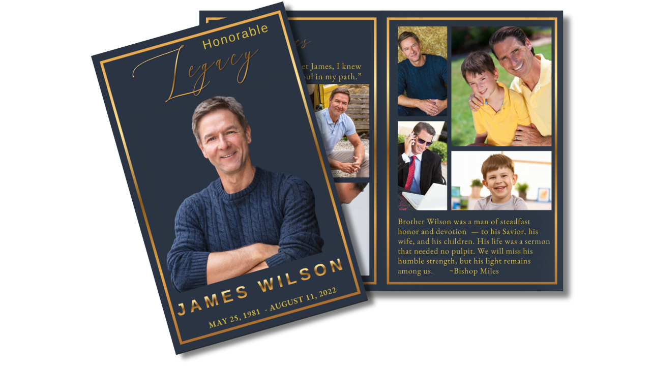 Navy and gold men’s memorial program featuring a formal cover portrait and coordinated interior pages filled with family photographs, reflections, and tribute content.