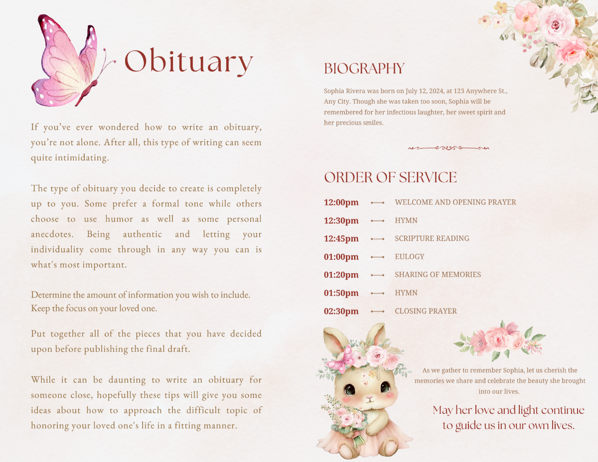 Editable Canva funeral program pages showing obituary and order of service with ballerina bunny theme for a little girl’s memorial.