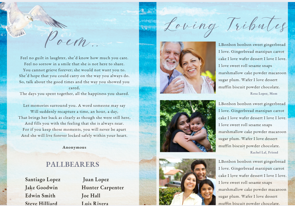 Poem and tribute pages with beach-inspired layout and family photos.
