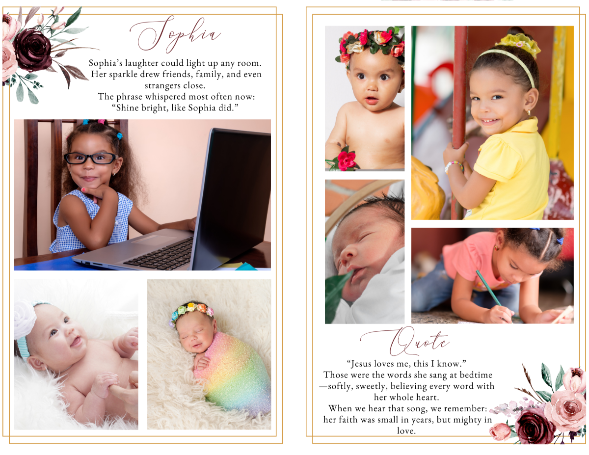 Photo collage on inside pages of the Restful Roses Child Funeral Program Template showing cohesive rose-themed design.