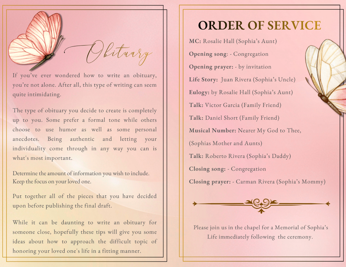 Interior obituary and order of service pages featuring elegant butterfly accents, organized memorial layouts, soft pastel backgrounds, and meaningful celebration of life details honoring a beloved child.