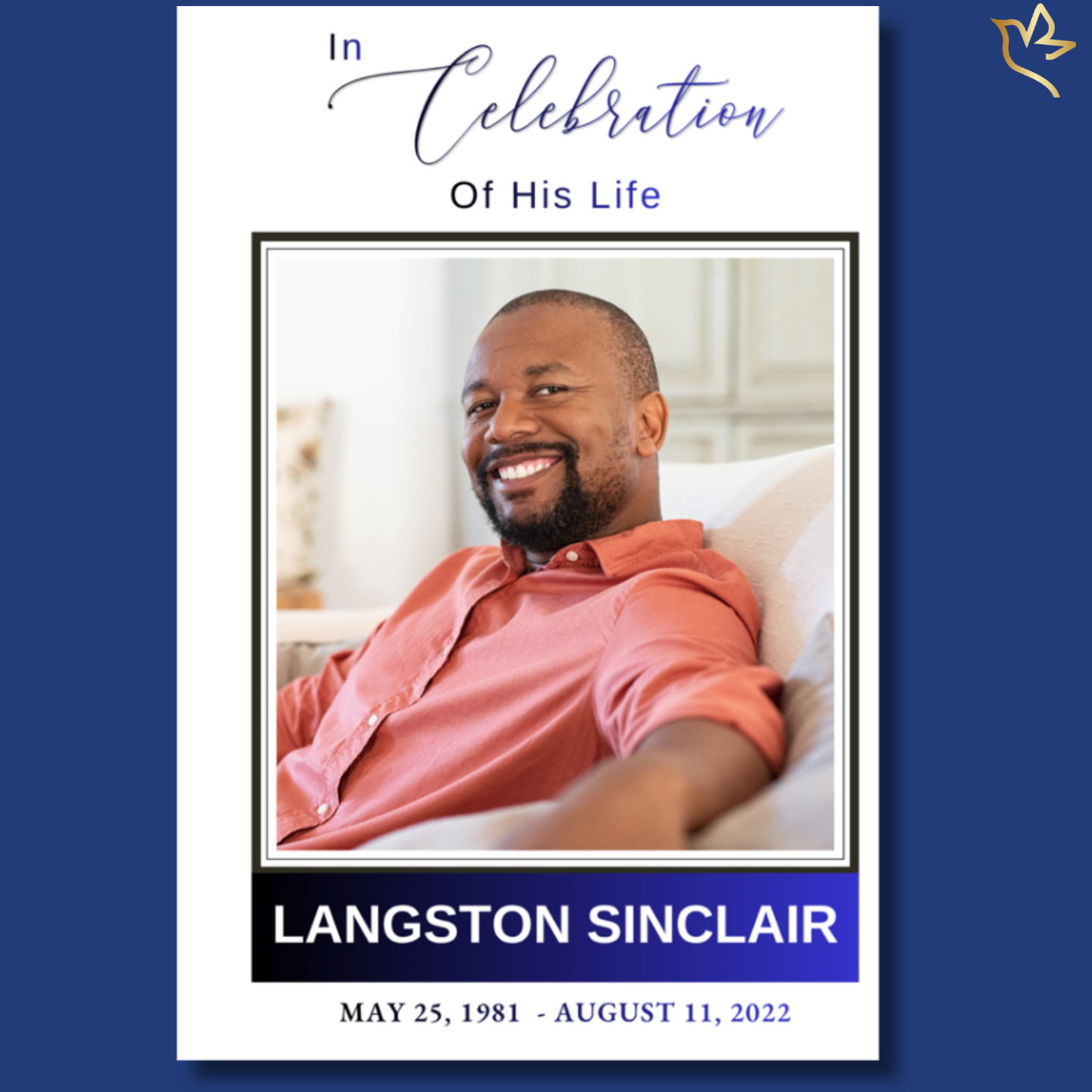 A dignified memorial program cover featuring a smiling man seated comfortably in a softly lit home setting, framed with elegant black and royal blue accents that symbolize strength, faith, and a life well lived.