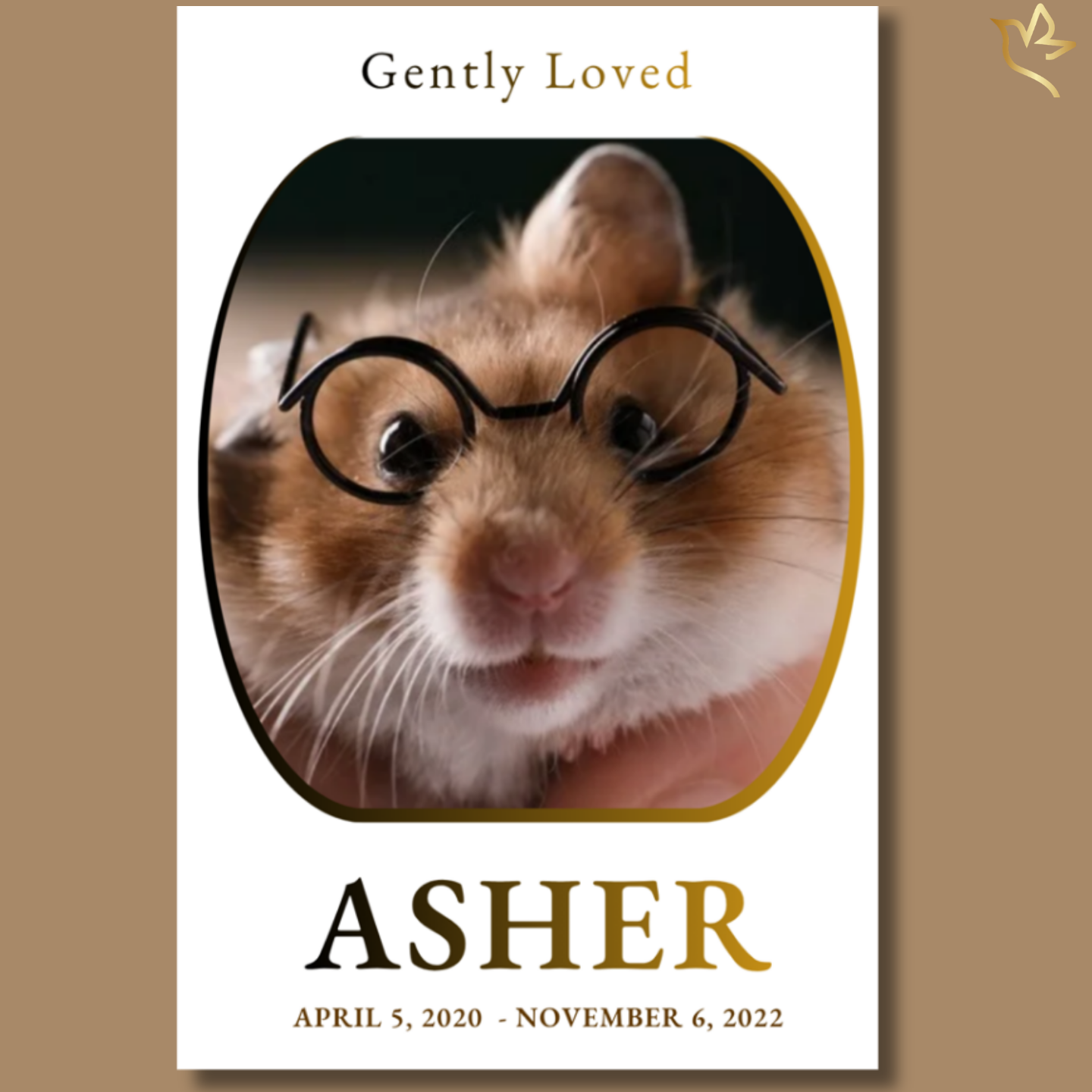 Small pet funeral program cover featuring a soft neutral background, rounded portrait frame with a hamster wearing glasses, gentle typography, and warm brown and gold accents for a heartfelt memorial design.