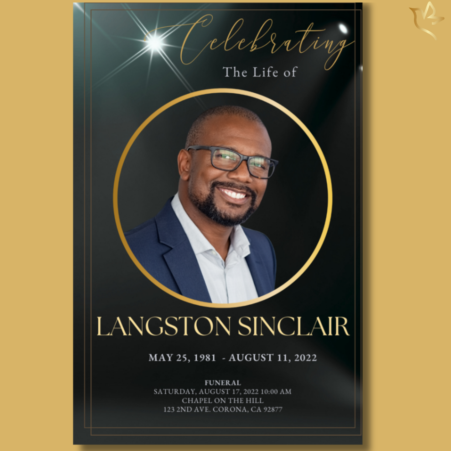 Elegant onyx-black funeral program cover and interior pages featuring a centered portrait framed in gold, radiant beams of light above, and refined script typography that honors a life of strength, faith, and enduring love.