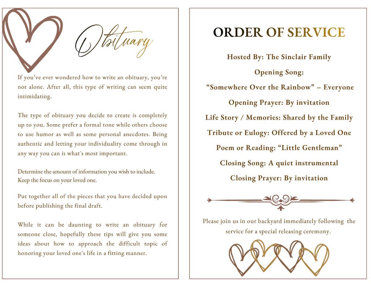 A clean, easy-to-follow layout with space for a short obituary and a clearly organized order of service, helping guide guests while honoring your pet’s life.