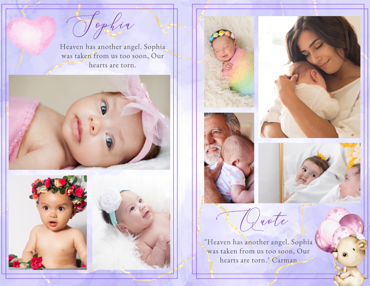 Interior collage layout featuring baby photos, soft lavender background with gold marbling, and gentle decorative accents that create a peaceful and loving memorial tribute.