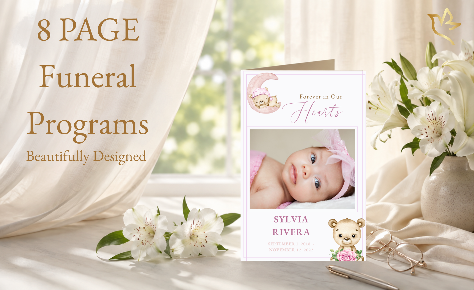 Children’s funeral program template featuring a baby memorial portrait with a soft pink teddy bear design, part of an eight-page editable Canva funeral program.