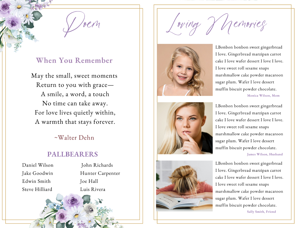Poem and tribute layout with family photos and elegant lavender design.