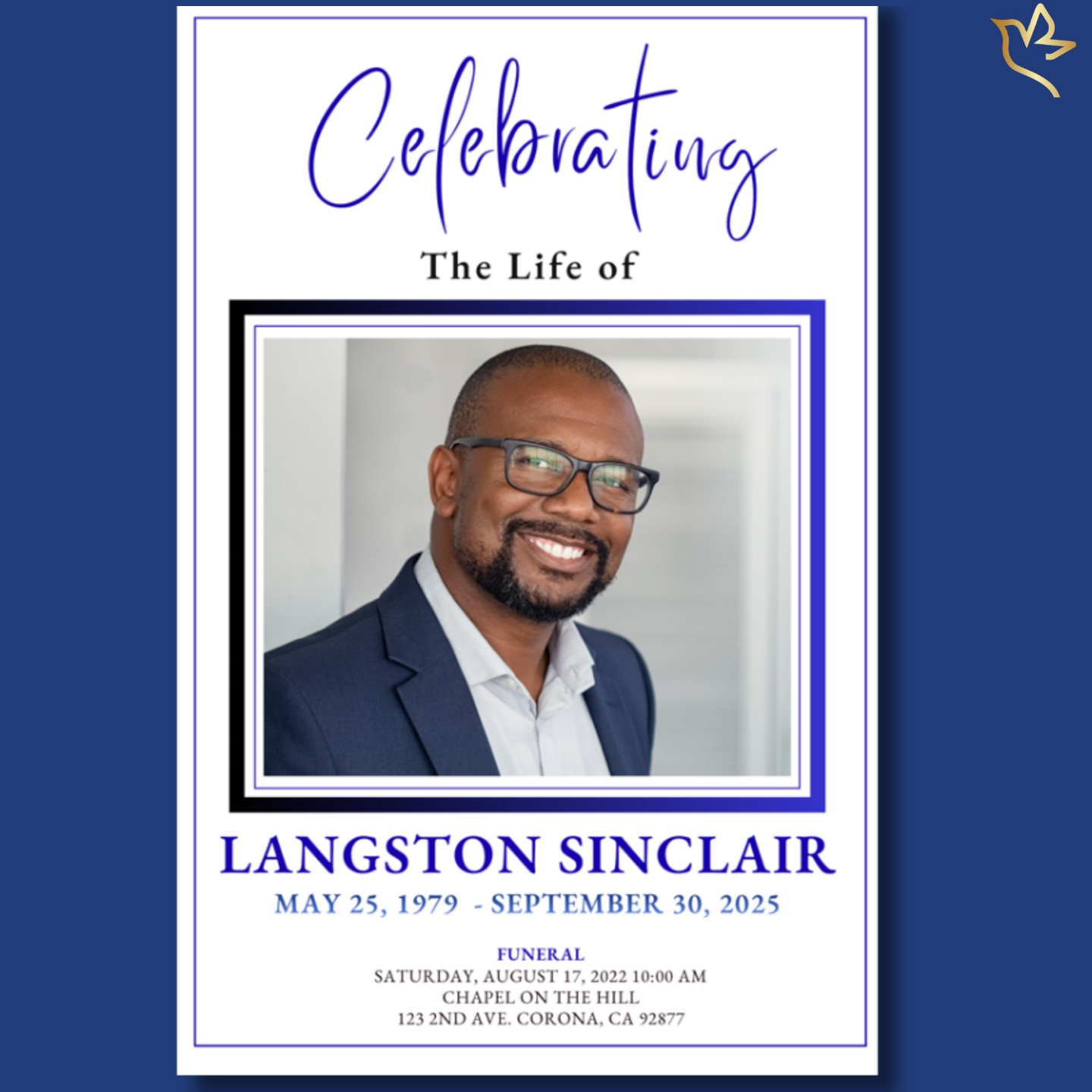 Simple Strength funeral program cover featuring a clean ivory background with bold blue accents, elegant script title, double-line border, and a centered portrait framed in layered blue and black for a dignified masculine tribute.