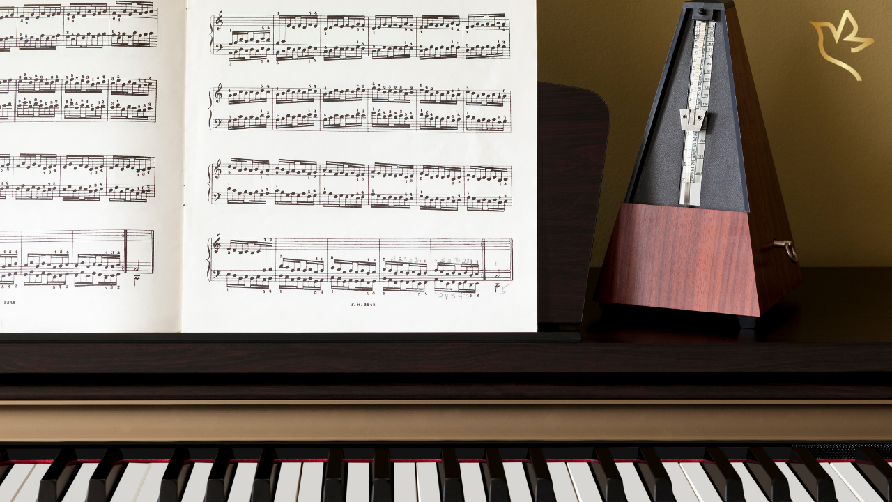 Piano, sheet music, and metronome representing meaningful funeral songs and music for Grandpa.