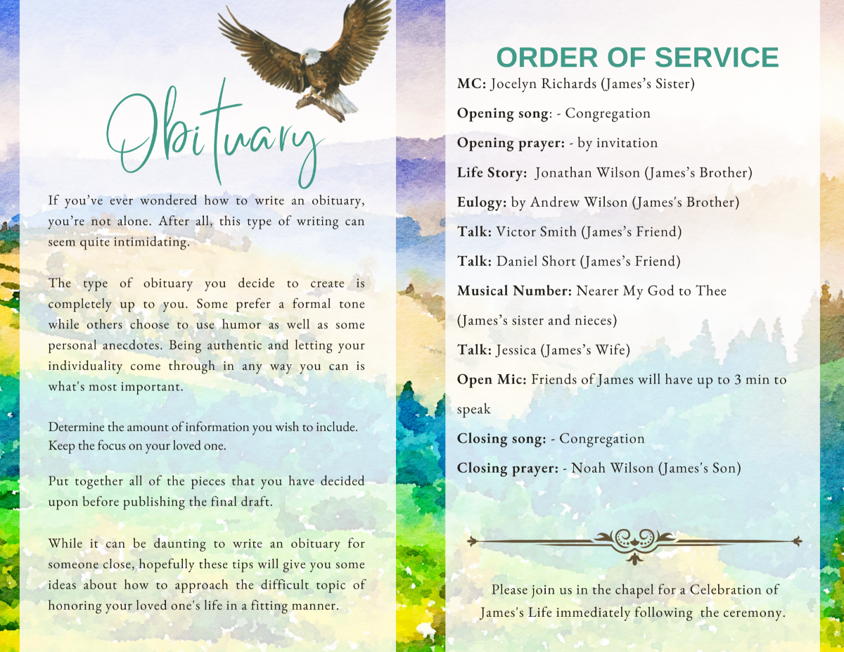 Obituary and order of service pages with soft watercolor scenery and elegant script fonts.
