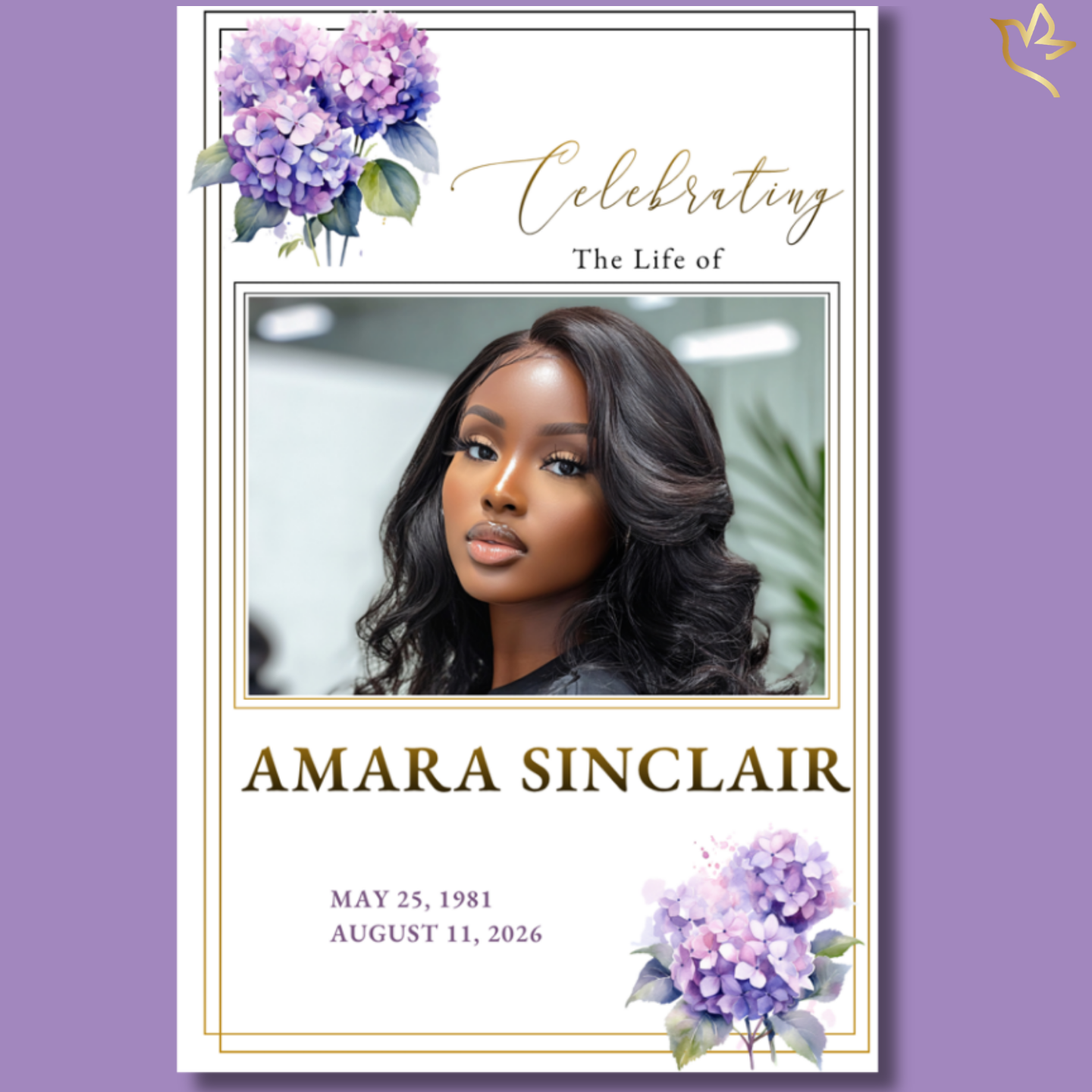 Elegant women’s memorial program cover featuring soft lavender hydrangeas, graceful gold accents, and a beautiful portrait layout designed to honor a beloved woman with warmth and dignity.
