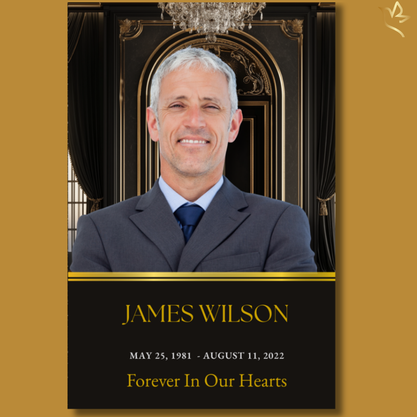 Elegant black and gold funeral program cover featuring a smiling man in a blue shirt and suit jacket, ornate gold archway, chandelier, and refined memorial layout.