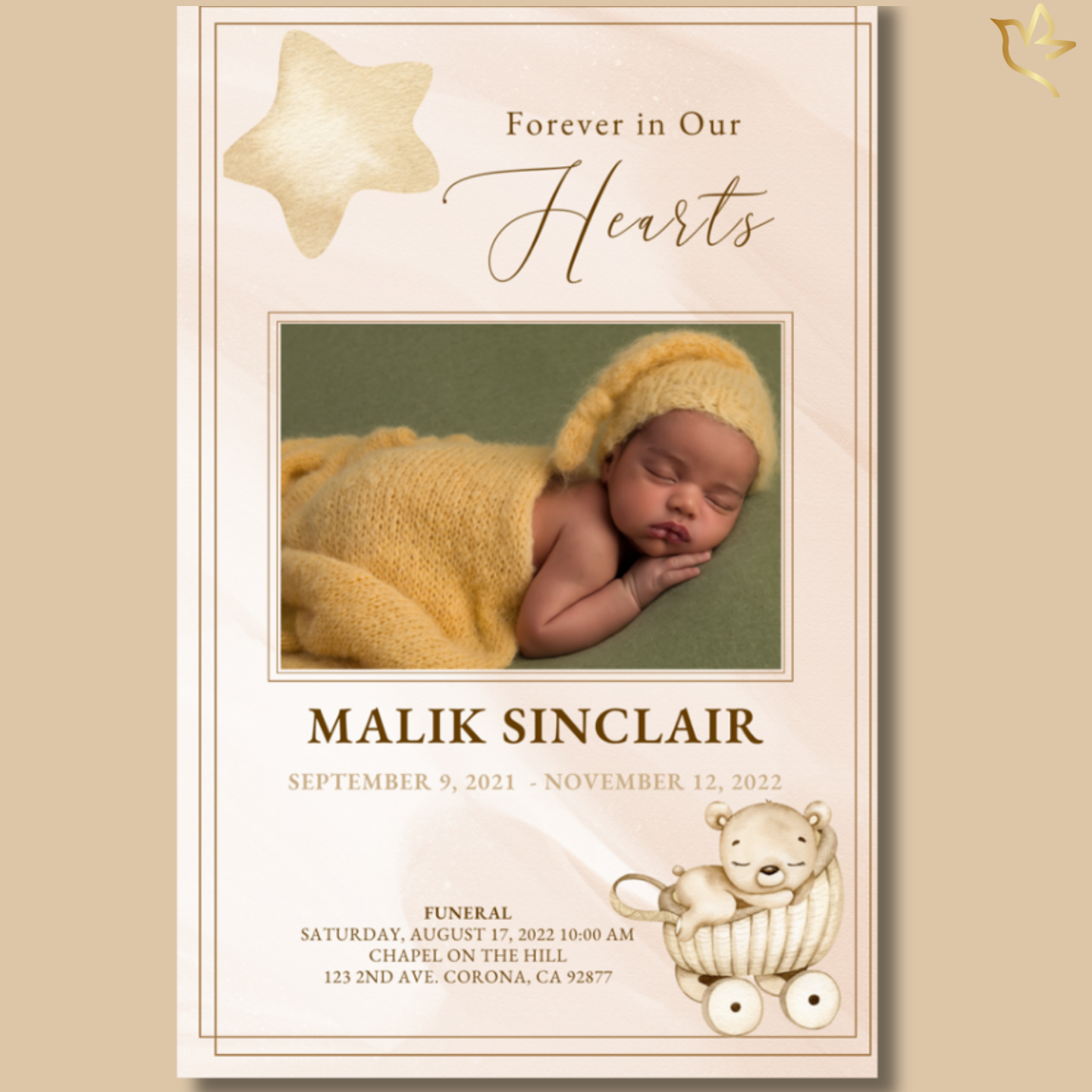 Soft beige and gold children’s funeral program cover titled “Forever in Our Hearts,” featuring a sleeping baby wrapped in a knitted yellow blanket, gold star accent, and teddy bear illustration in a vintage pram.