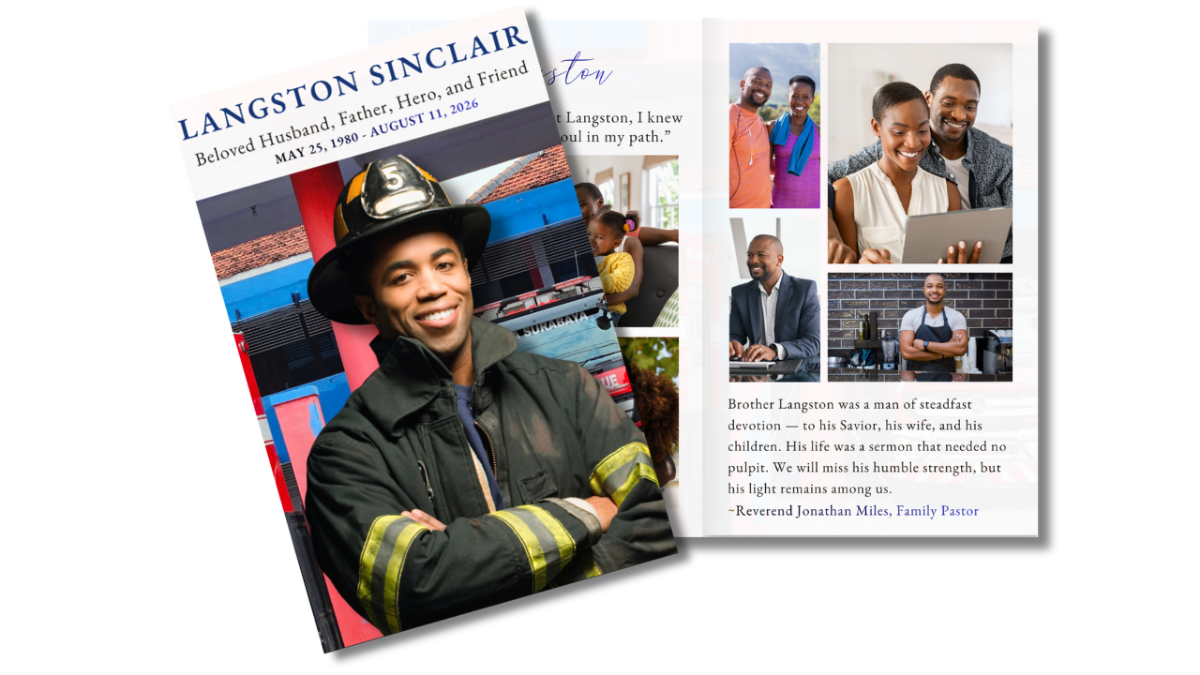 Front cover featuring a firefighter in full gear alongside an open interior layout with organized sections for memories, family photos, and tributes.