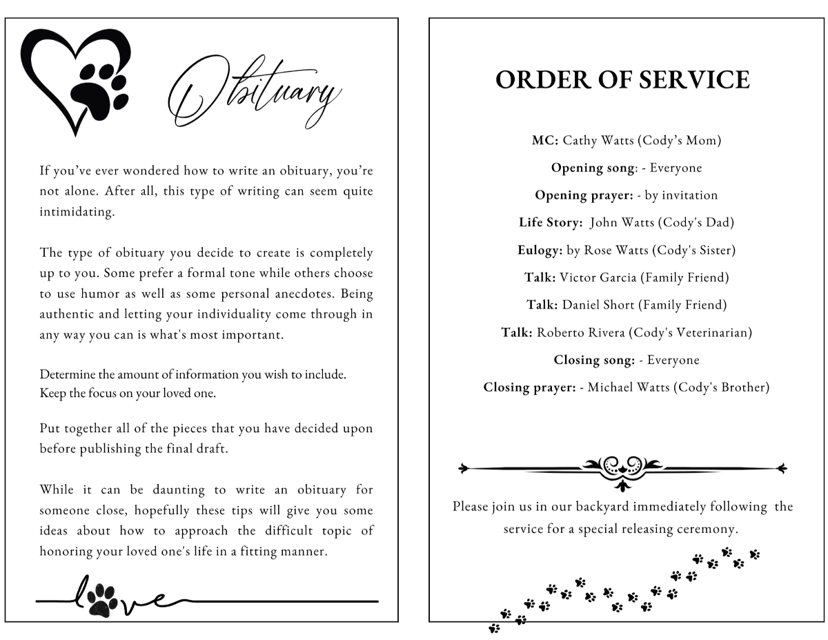 Simply Cherished obituary and order of service pages featuring a clean black-and-white layout with paw print accents for sharing a beloved cat's life story, memorial details, readings, music, and remembrance activities.