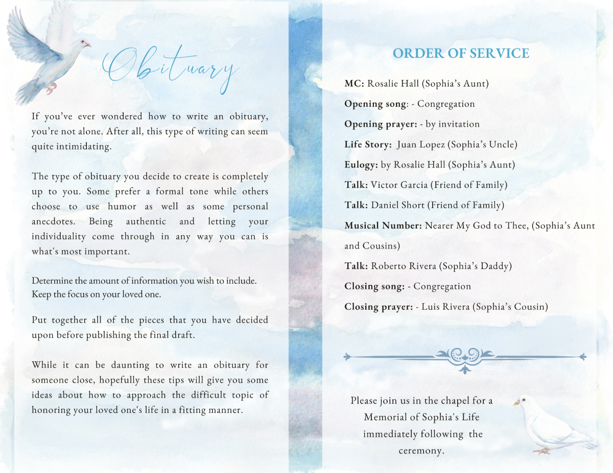 Obituary text and order of service layout with watercolor textures, dove accents, and clean, modern typography.