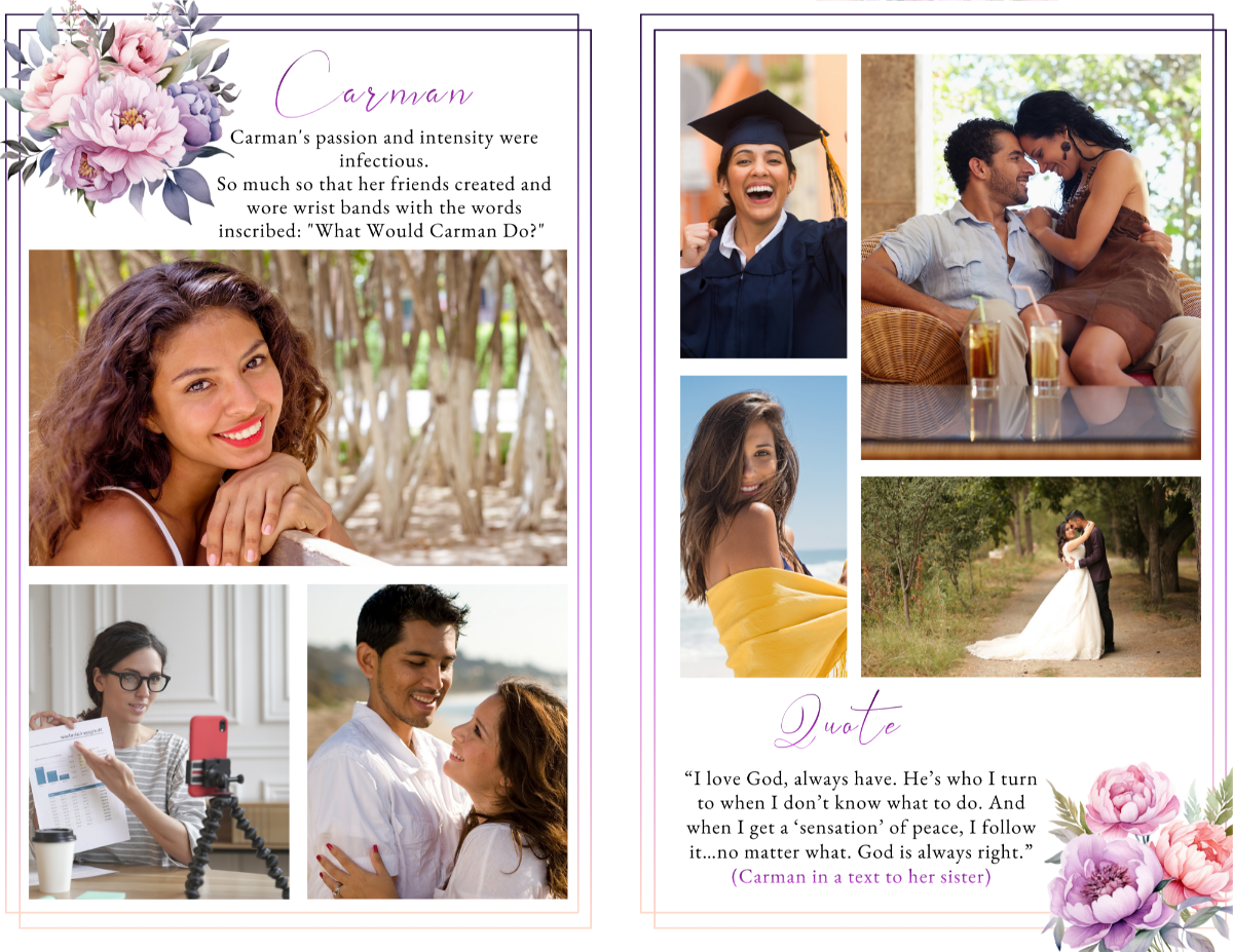 Celebration-of-life photo collage with multiple images of the loved one, arranged in a warm pink layout with floral accents and a centered faith-based quote.