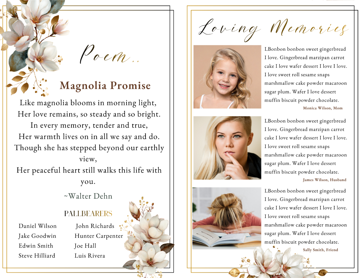Poem and Loving Memories pages with balanced tribute layouts, portrait photography, and space for heartfelt messages from family and friends.