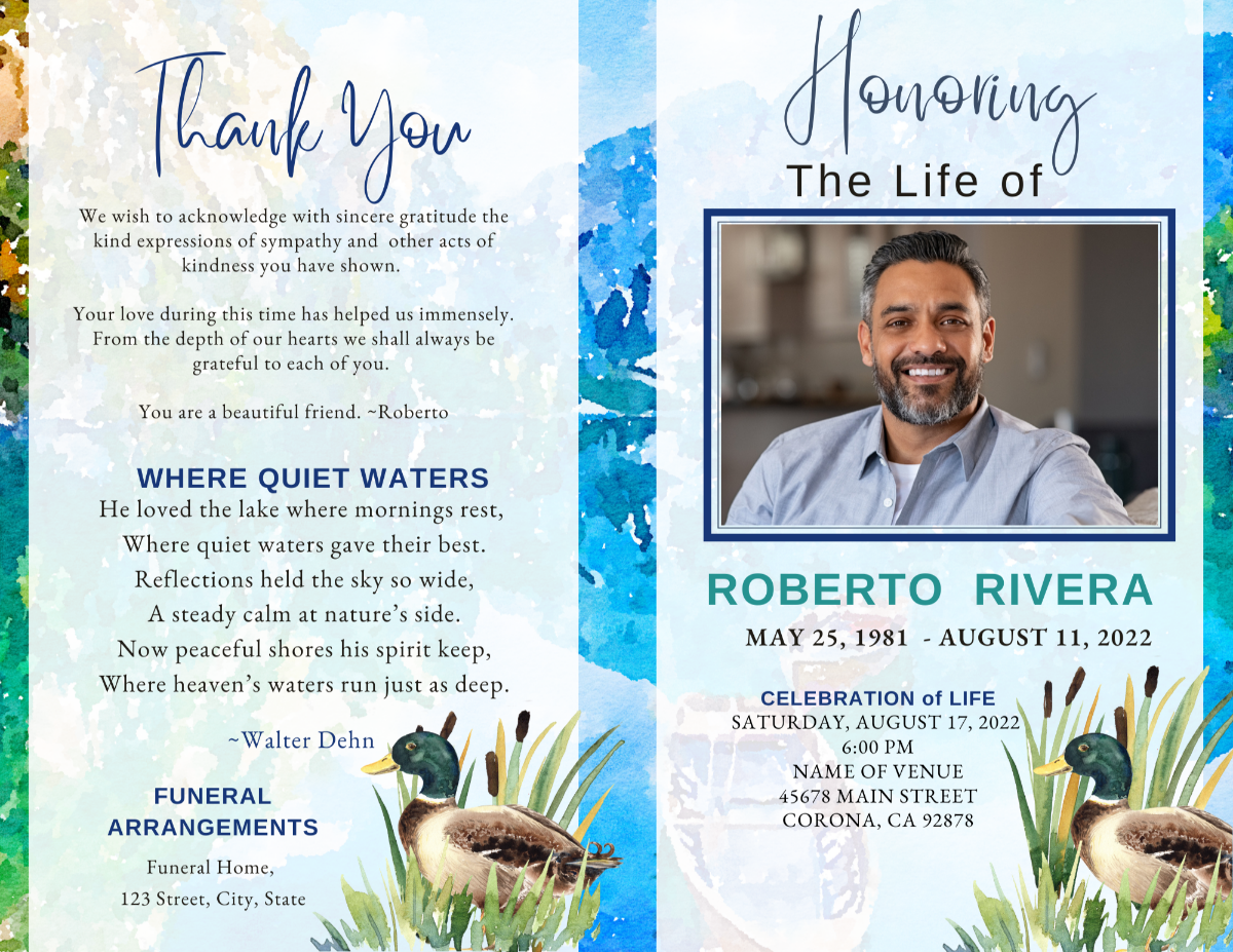 Two-page spread showing lake-themed funeral program cover and thank-you page with nature accents.