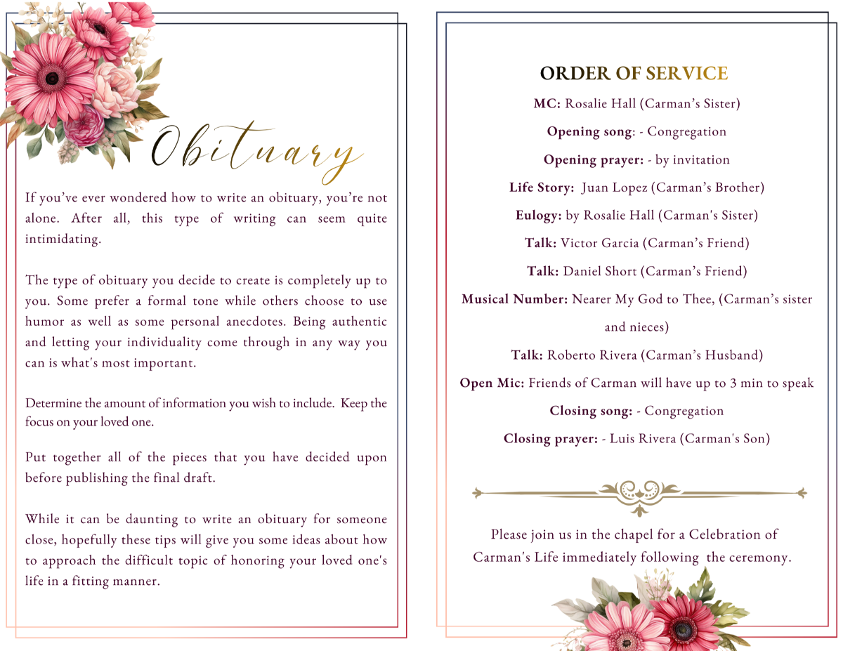 Open spread showing the obituary on a beautiful white background with floral accents and the full Order of Service on the right. Clean, readable layout with gentle golden tones.