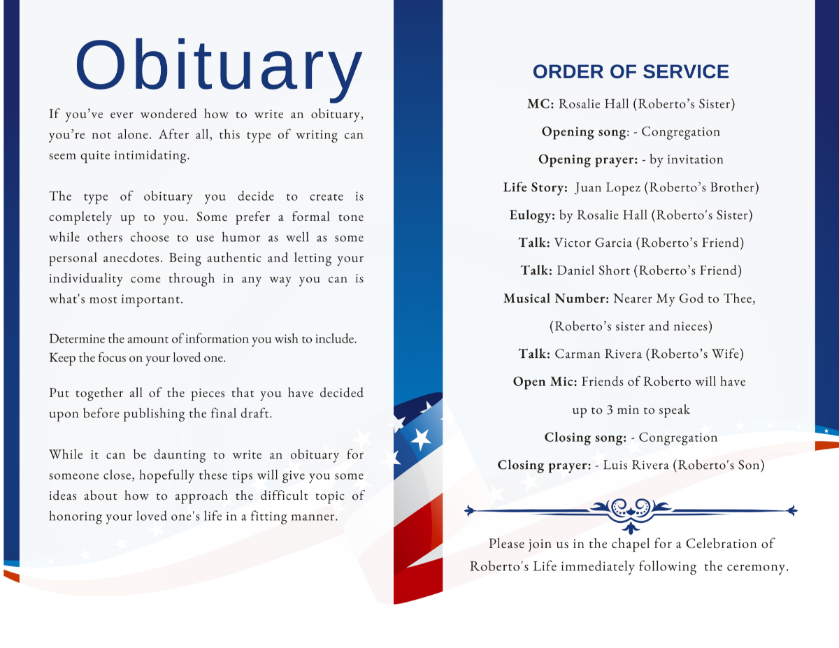 Obituary and Order of Service pages from the Stars and Stripes US Navy funeral program, featuring elegant navy text, subtle flag graphics, and space for ceremony details.