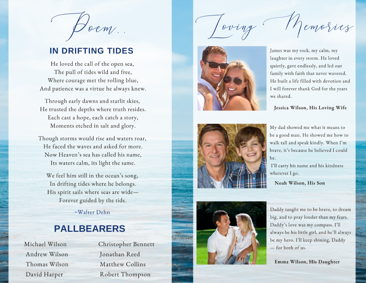 Poem and tribute pages from the Deep Sea Fishing funeral program surrounded by ocean imagery.