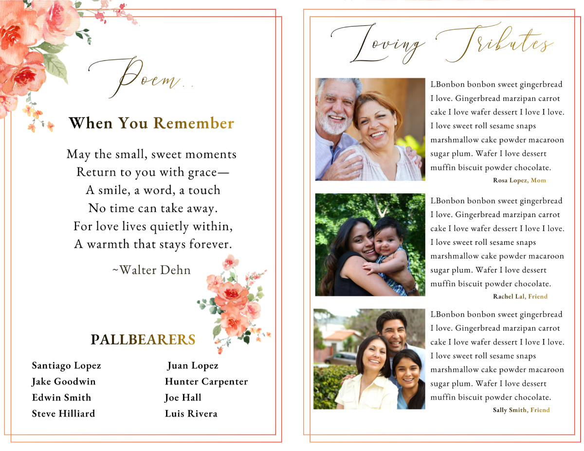 Poem and loving-tributes layout showing a memorial poem on the left and three portrait images with written tributes on the right, all set against soft peach floral embellishments.