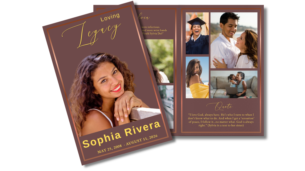Teen girl memorial program featuring warm rose-brown backgrounds, elegant gold typography, family photographs, and coordinated remembrance pages.