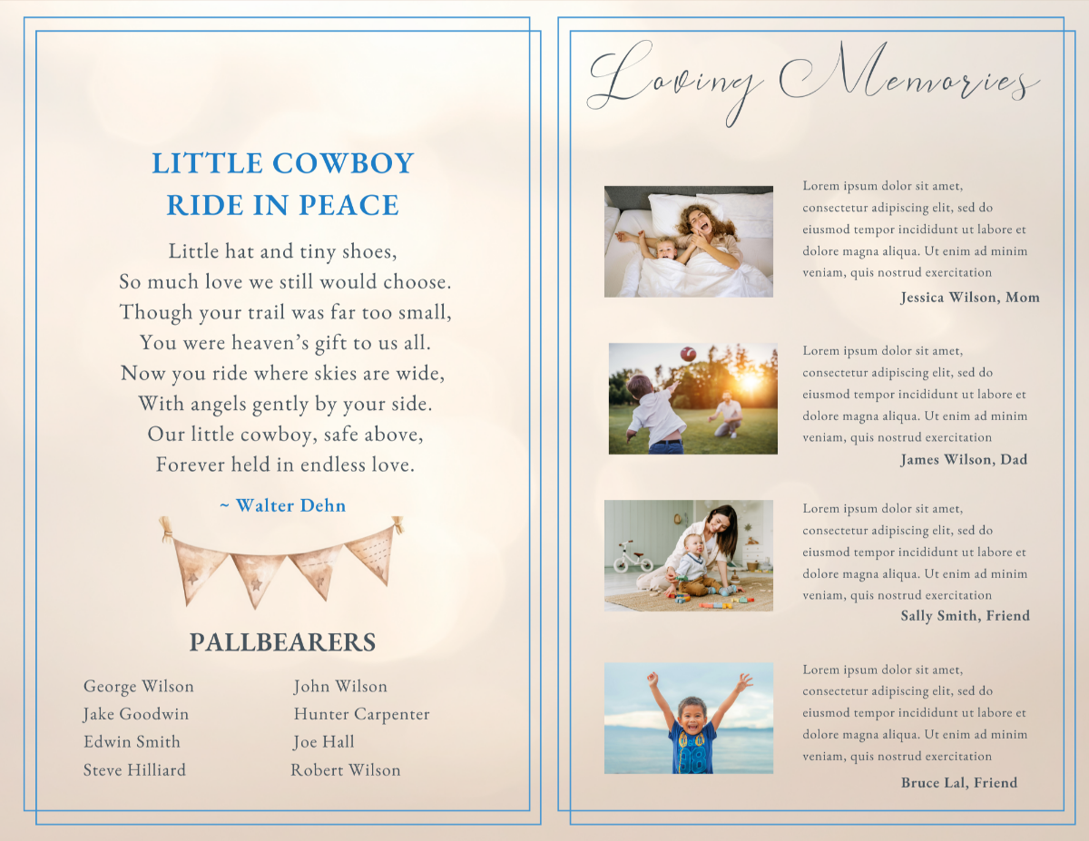 Poem and pallbearers pages displaying the “Little Cowboy Ride in Peace” poem with Western bunting accents and organized space for ceremony participants.