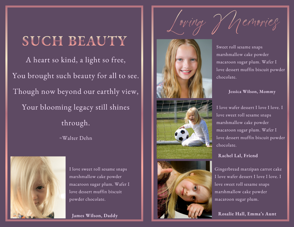 Blooming Legacy memorial poem and loving memories pages featuring heartfelt family tributes, cherished photographs, personal reflections, and meaningful memories honoring a beloved woman.
