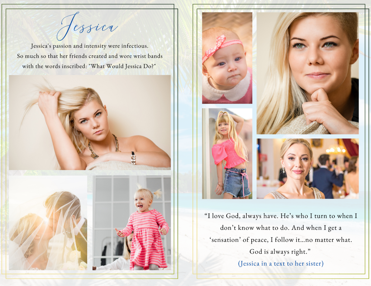 Photo collage pages featuring treasured family photographs, tropical coastal imagery, and a faith-filled inspirational quote in soft beach-inspired tones.