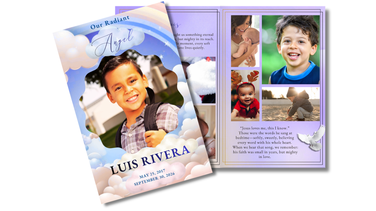 Children’s memorial program featuring a rainbow and cloud-themed cover displayed beside coordinated interior remembrance pages filled with treasured family photographs and loving tributes.